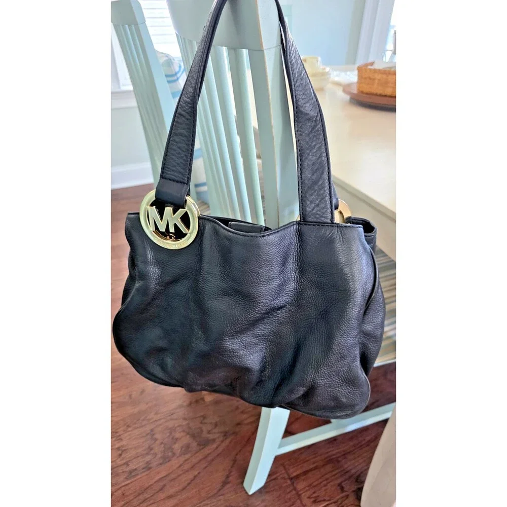 Michael Kors Black Fulton Pebbled Leather Hobo Bag 15x12x5